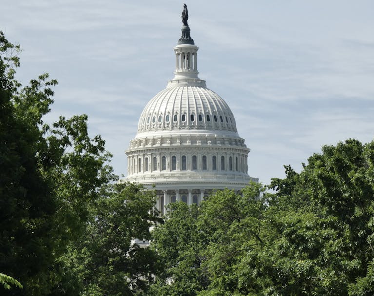 Dome of the United States Capitol in Washington, DC, framed by lush green trees.